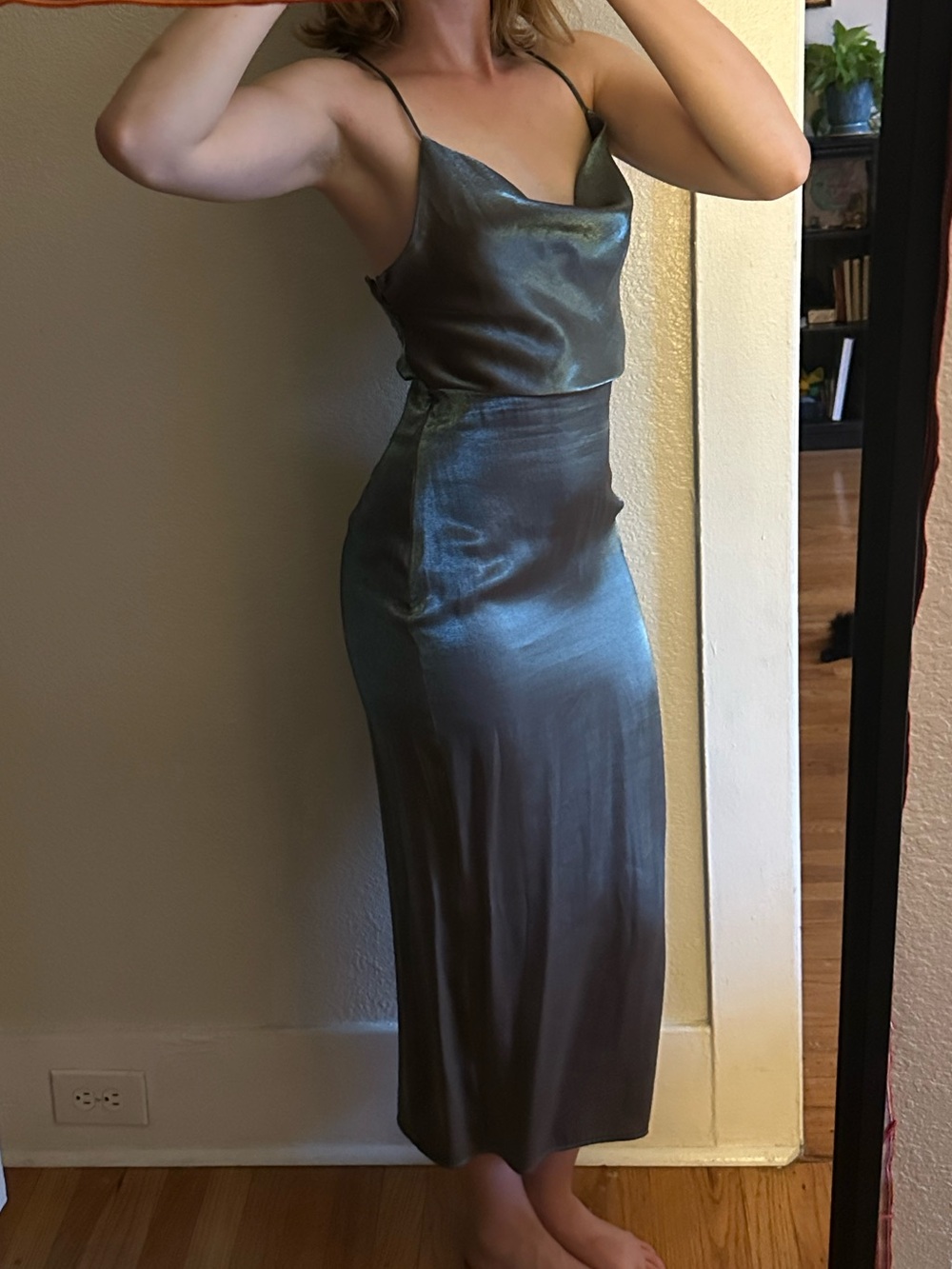 Zara Metallic Silver Satin Slip Dress